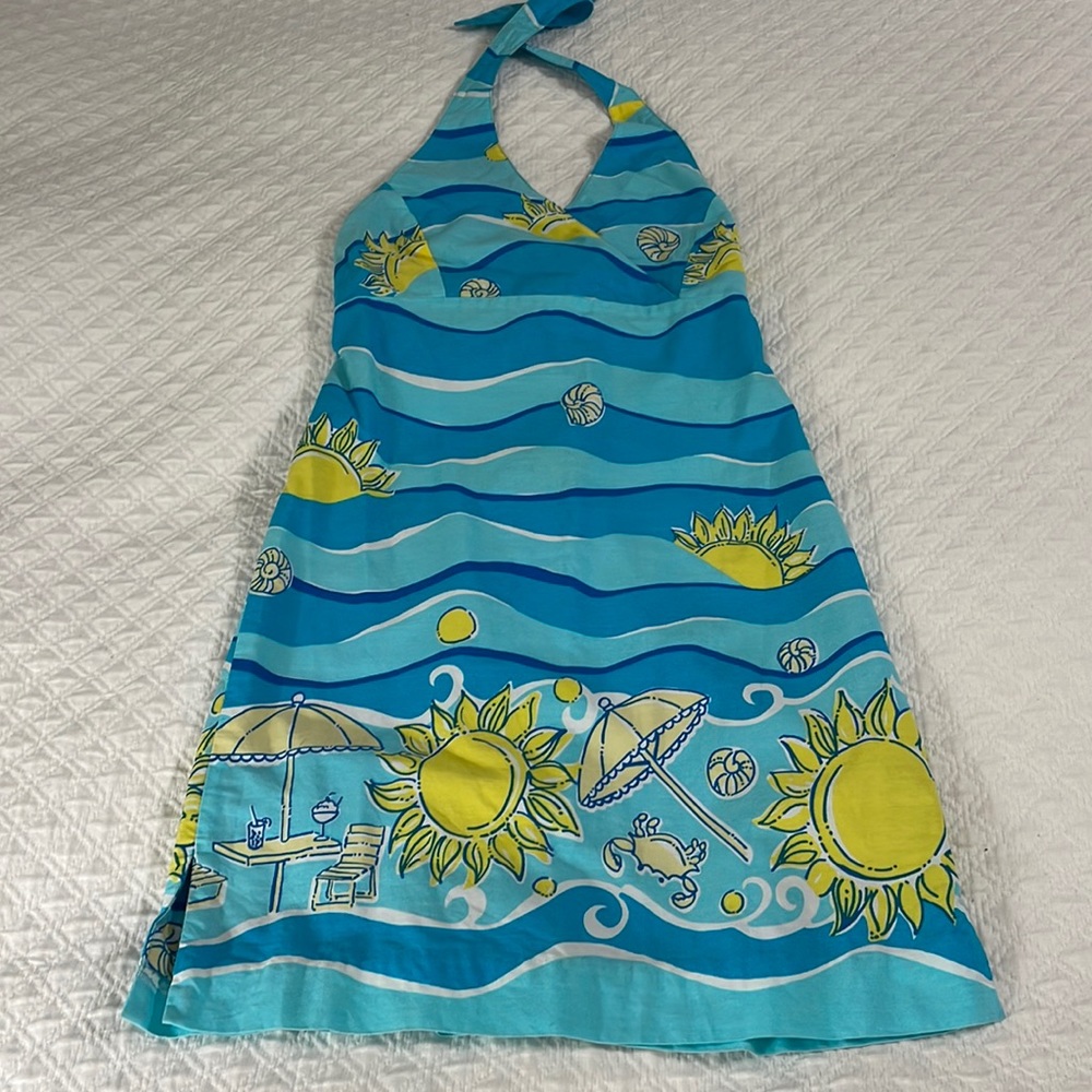 Lilly Pulitzer girls aqua yellow halter shift dress beach scene print sz 12